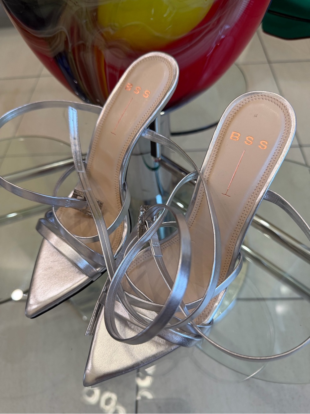 Metallic Silver Pointed-Toe Strappy Heels